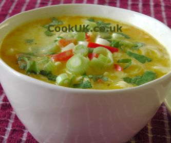 Thai Chicken Soup in a white bowl